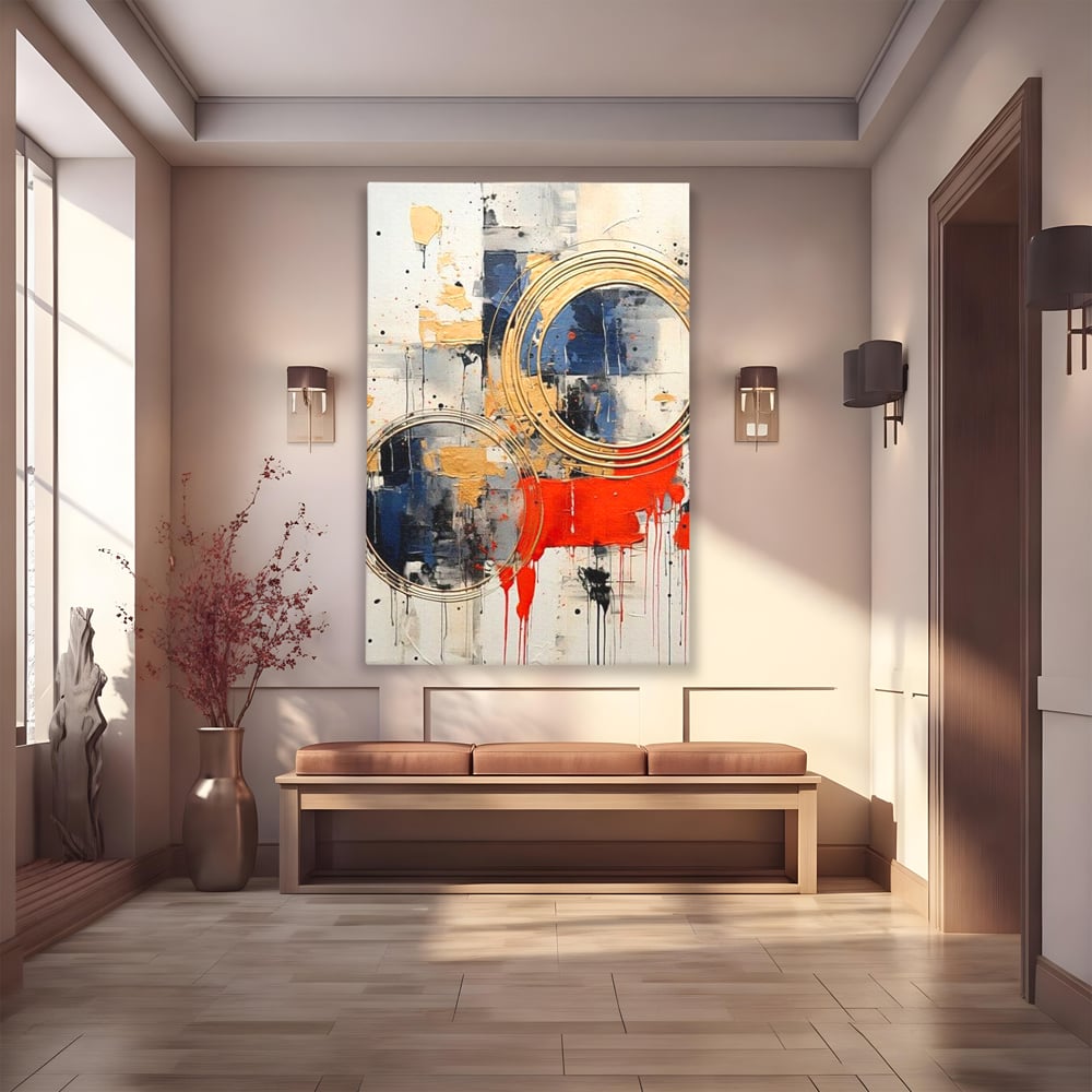 Tablou canvas cu tablou abstract cu cercuri aurii si tuse rosu aprins, fara rama, pe sasiu de lemn